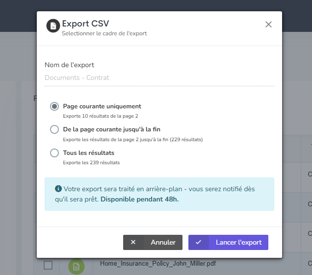Boîte de dialogue de l'export CSV dans FlowerDocs : sélection du périmètre d'export avec trois options (page courante, de la page courante jusqu'à la fin, tous les résultats)