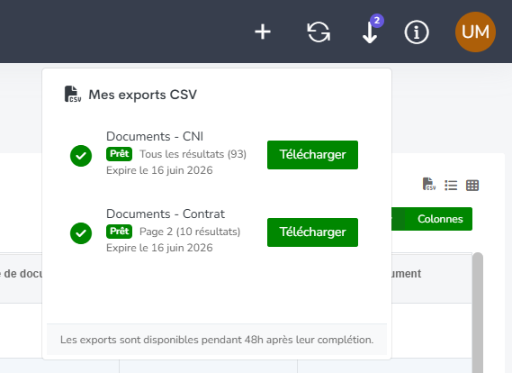 Panneau de suivi des exports CSV dans FlowerDocs : deux exports terminés avec bouton Télécharger et date d'expiration
