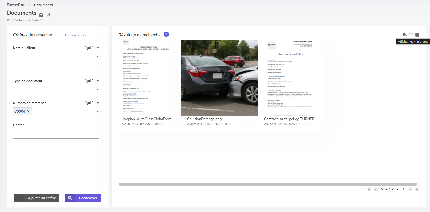 Affichage en vignettes dans FlowerDocs : résultats de recherche avec aperçu visuel de chaque document sous forme de carte
