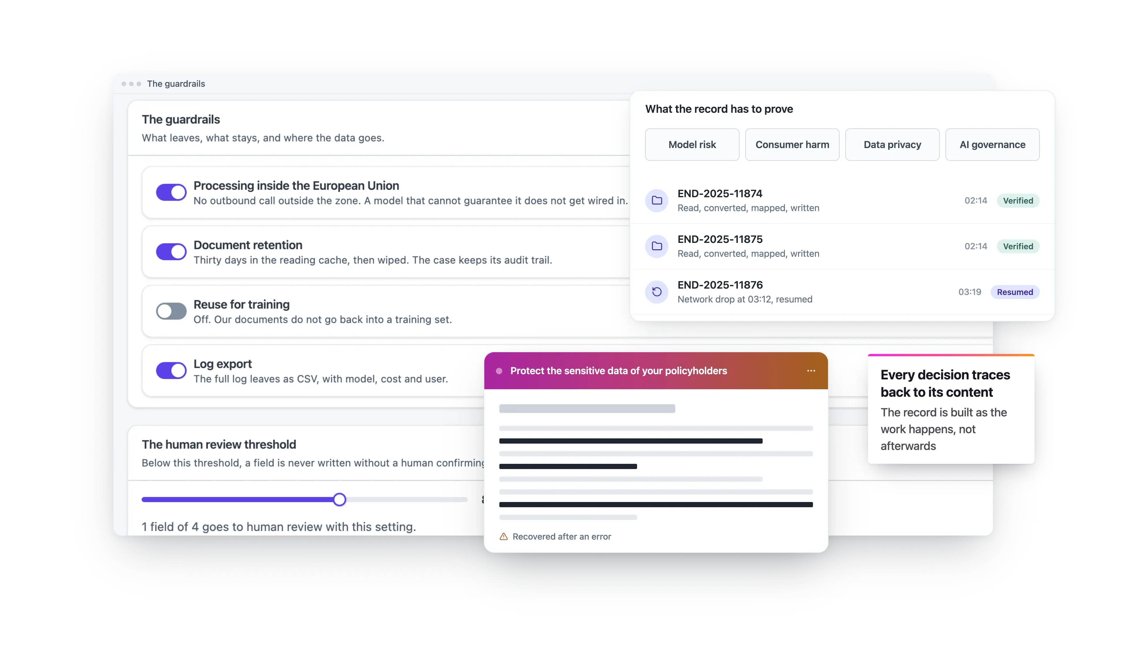 The guardrails: processing inside the European Union, document retention, no reuse for training, log export, and a human review threshold. What the record has to prove, model risk, consumer harm, data privacy and AI governance, is built as the work happens, with sensitive policyholder data protected.