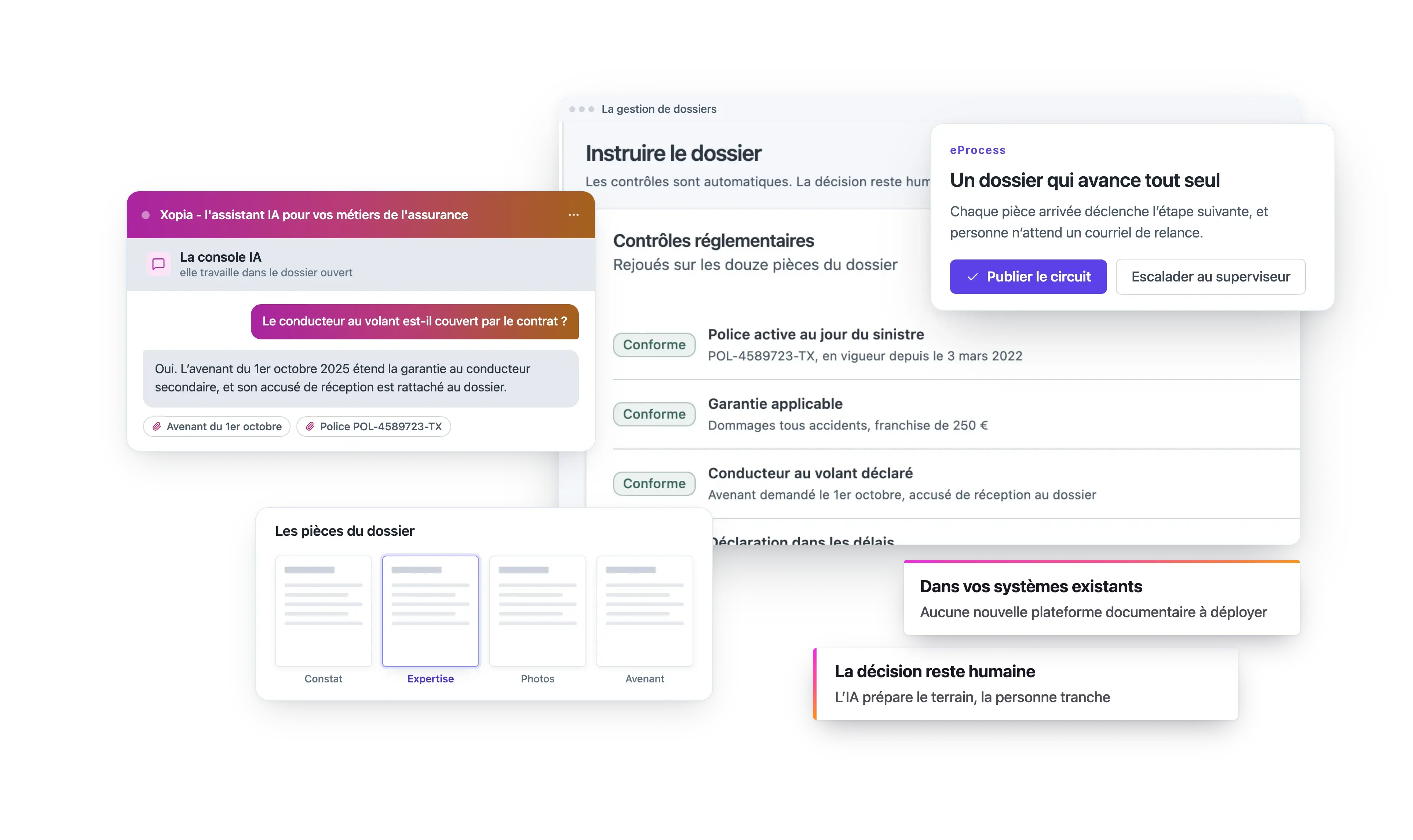 L’instruction d’un dossier sinistre : les contrôles réglementaires se rejouent sur les douze pièces, réunies dans une seule vue. L’assistant IA pour les métiers de l’assurance répond si le conducteur est couvert par le contrat. Le dossier avance tout seul dans vos systèmes existants, et la décision reste humaine.