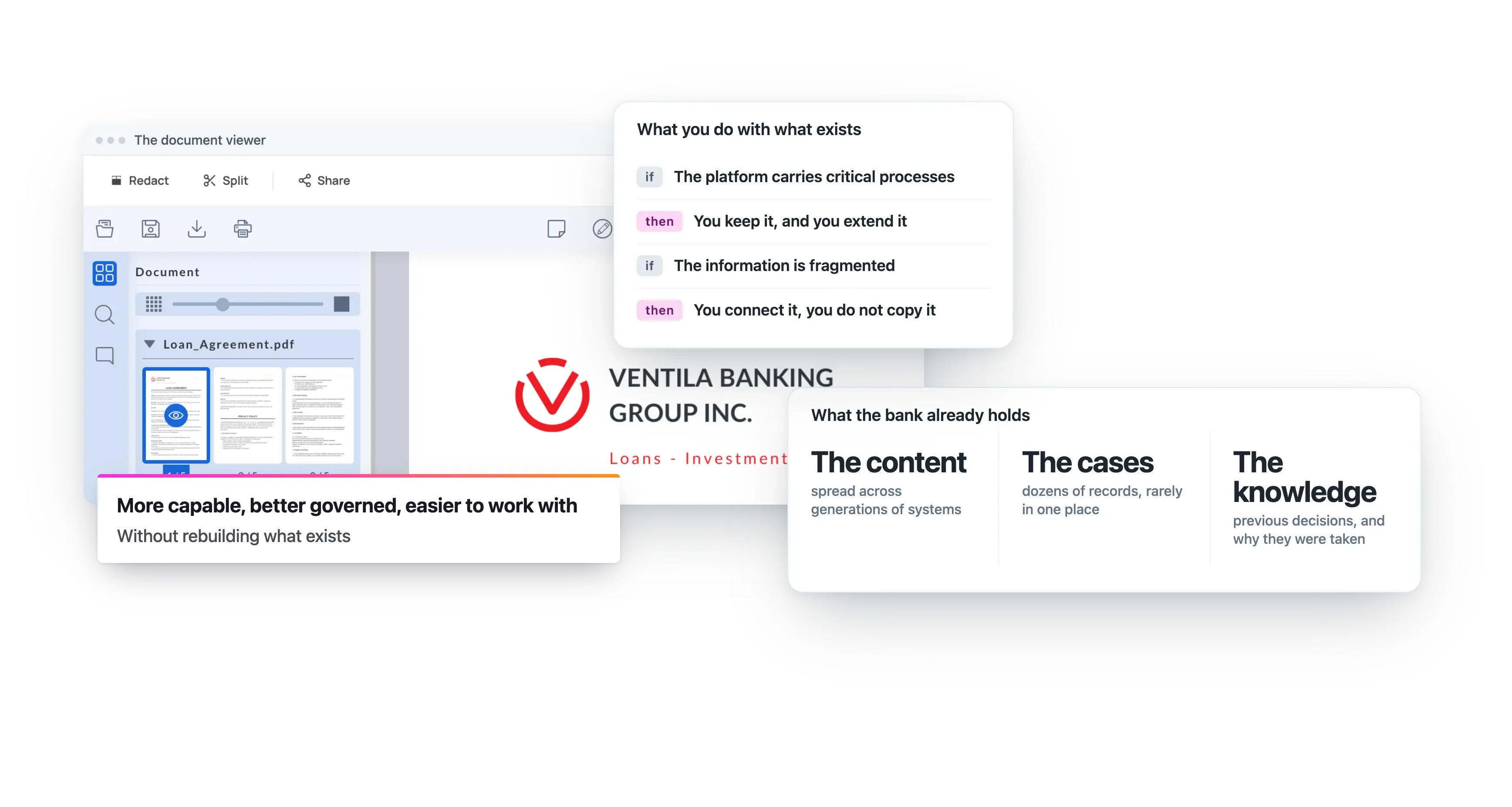 A loan agreement in the document viewer, and what the bank already holds: content spread across generations of systems, cases and the knowledge behind past decisions. You keep the platform, you extend it, and you connect the information instead of copying it.