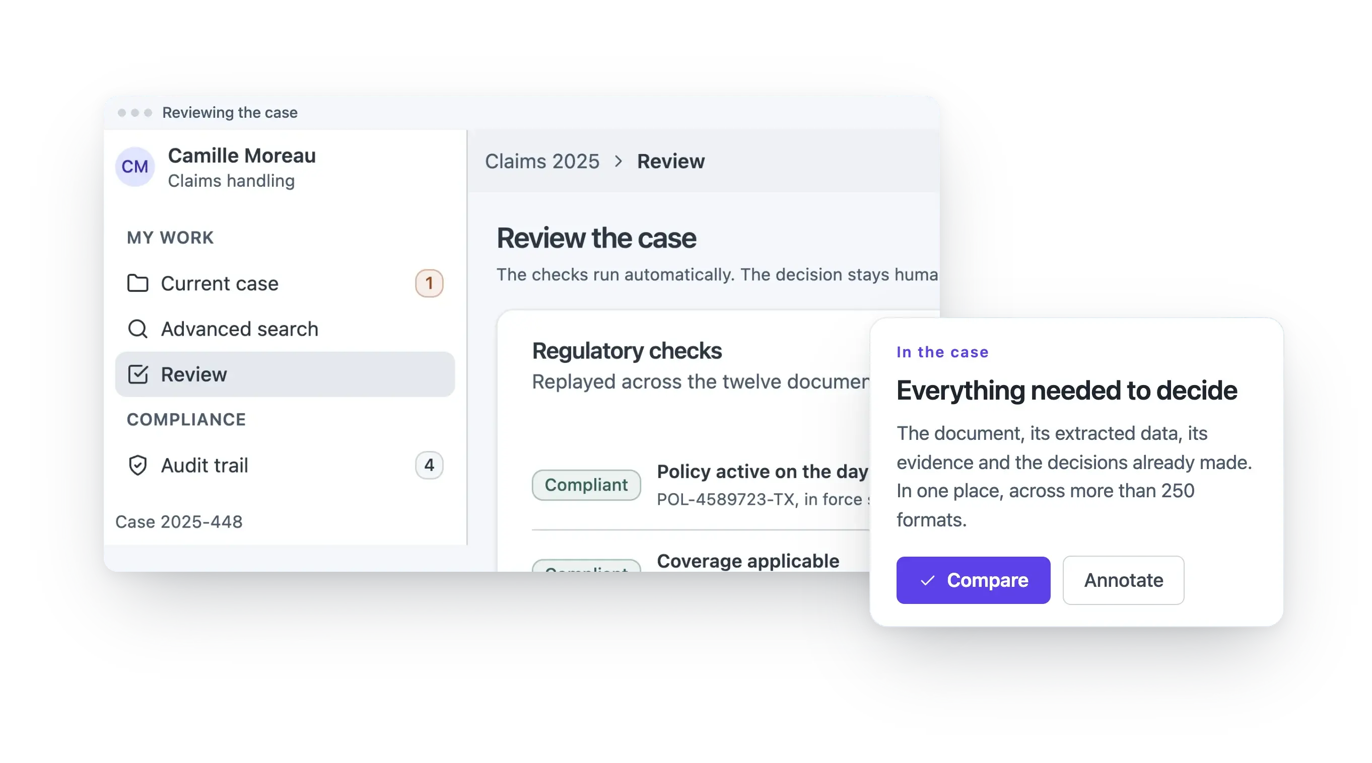 Reviewing a case: regulatory checks run automatically across the twelve documents, and the decision stays human. Everything needed to decide sits in one place: the document, its extracted data, the evidence and past decisions.