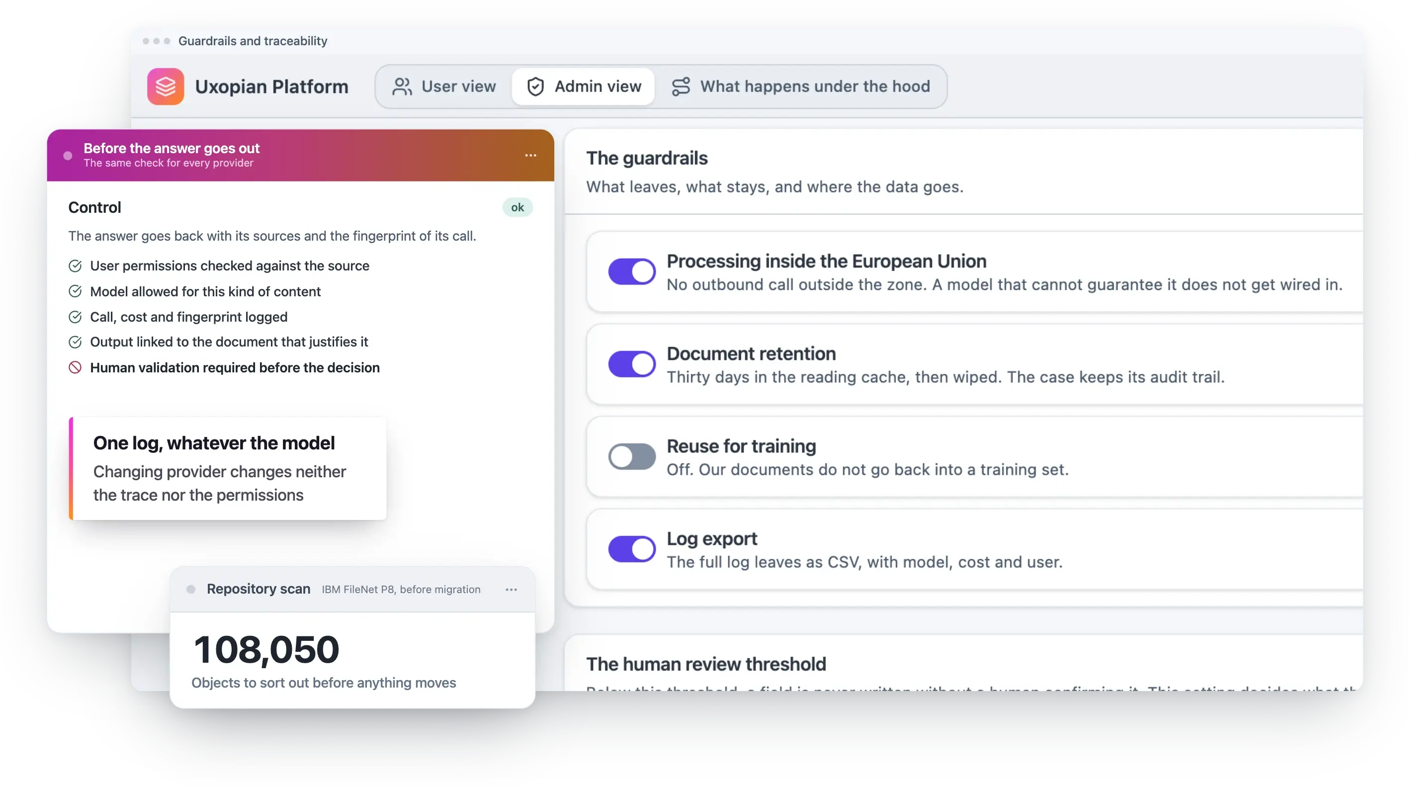 The guardrails of the AI console: processing inside the European Union, document retention, no reuse for training, log export. Before an answer goes out, it is checked against user permissions and logged, with one log whatever the model.