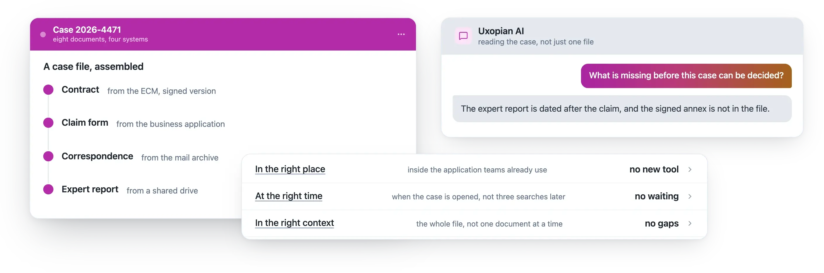 A case file assembled from four systems: contract, claim form, correspondence and expert report. The AI assistant reads the whole case and points out what is missing before a decision can be made.
