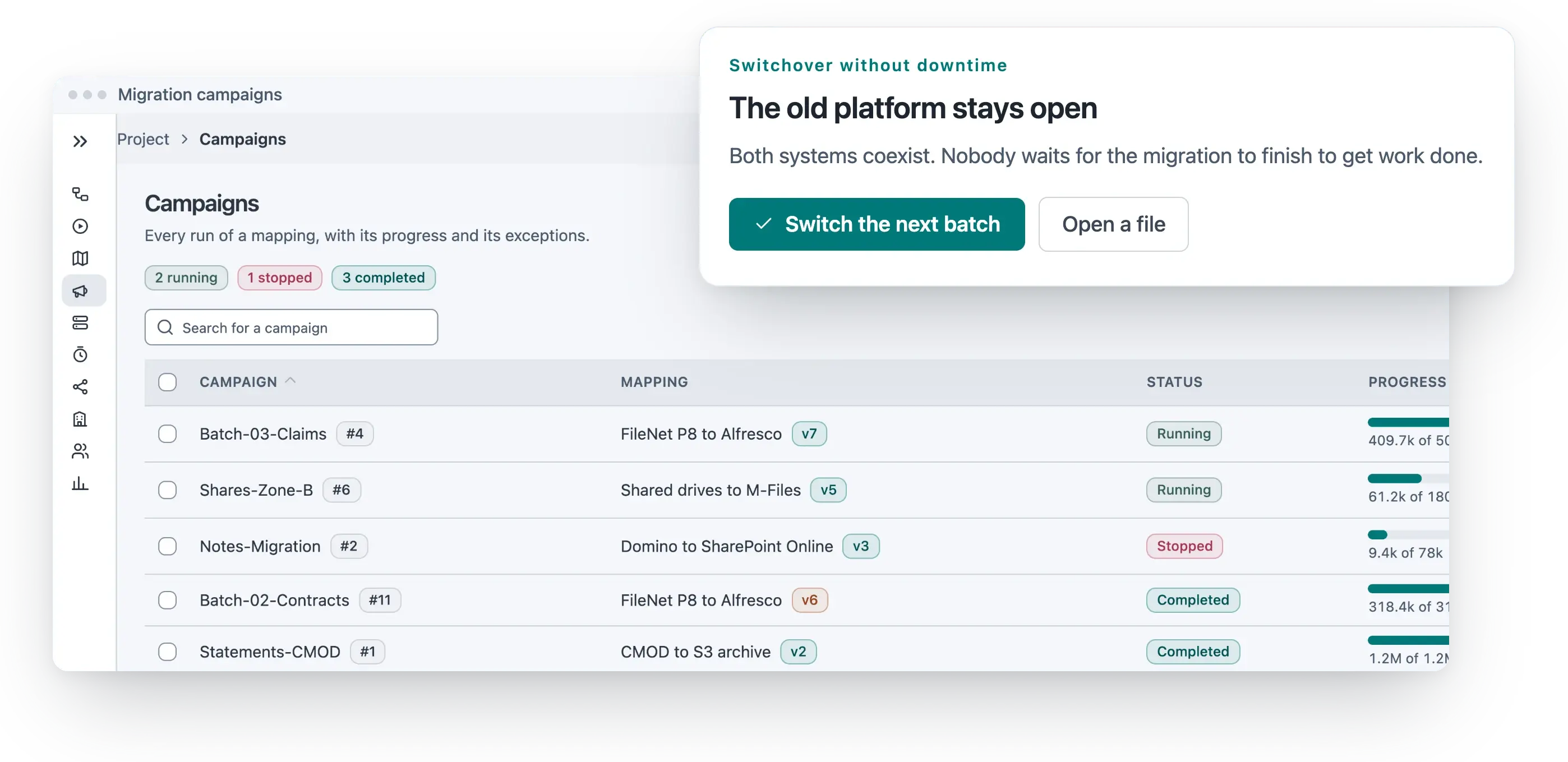 Migration campaigns in the content operations engine: each run of a mapping with its progress and exceptions, such as FileNet P8 to Alfresco or Domino to SharePoint Online. The old platform stays open while the next batch switches over.