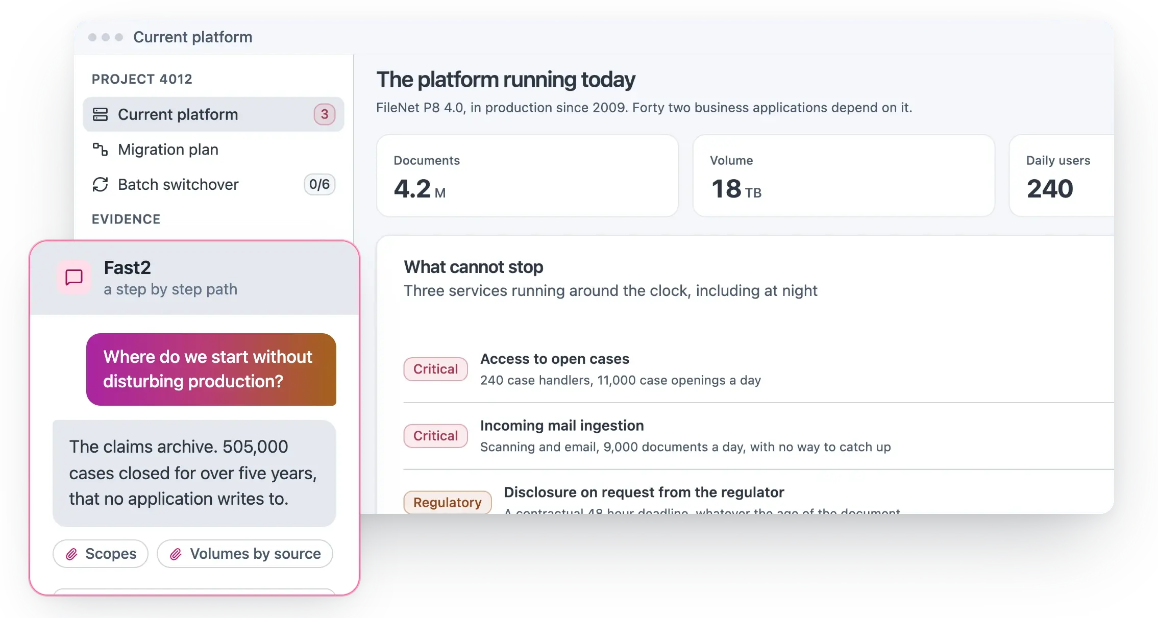 The platform running today: FileNet P8 in production since 2009, 4.2 million documents, 18 TB and 240 daily users, with three services that cannot stop. The assistant suggests where to start without disturbing production: the claims archive, 505,000 closed cases.