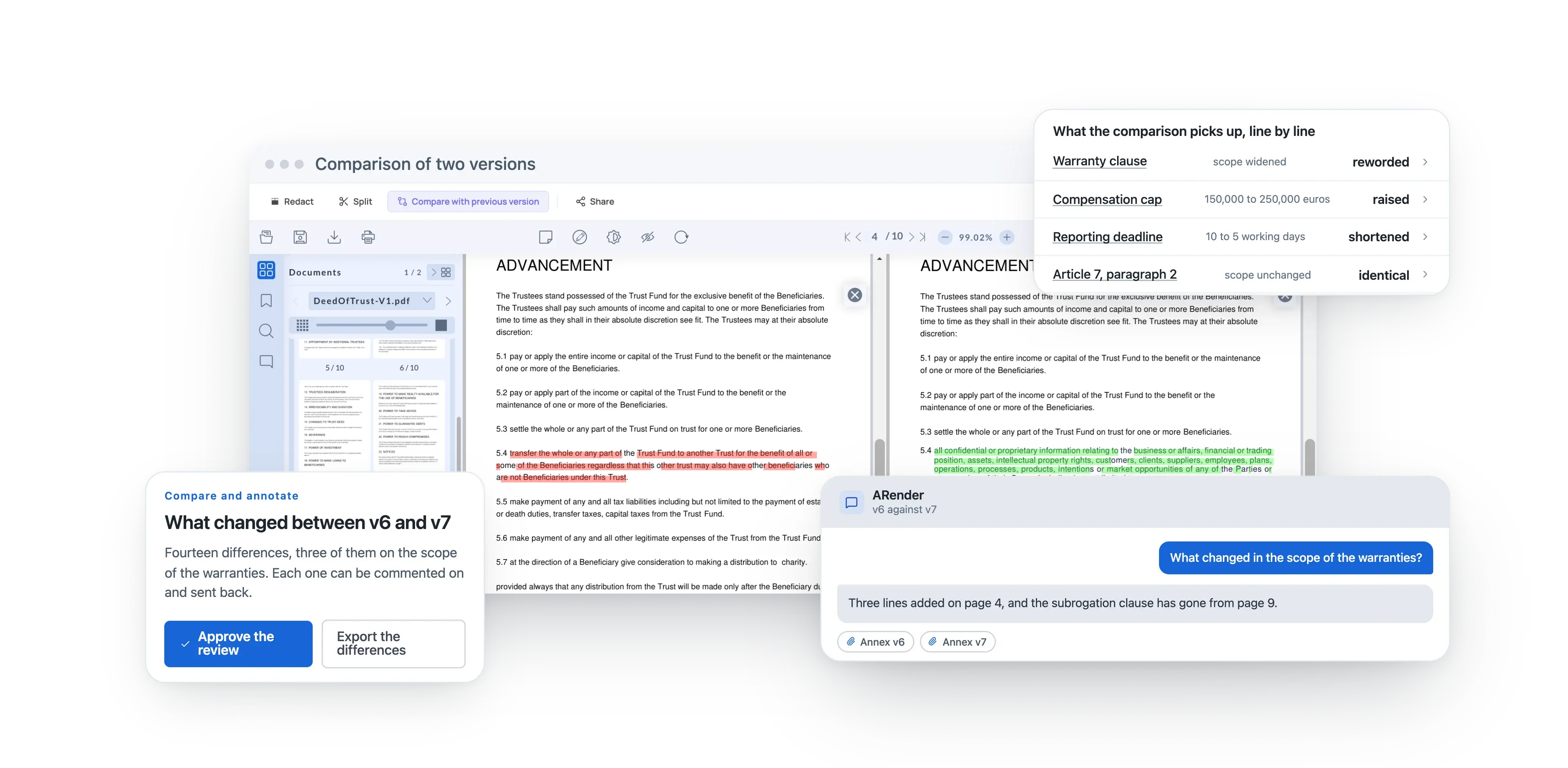 Comparing two versions of a document side by side: the changes between v6 and v7 are highlighted line by line, clause by clause. The assistant sums up what changed in the scope of the warranties, and each difference can be commented and sent back.