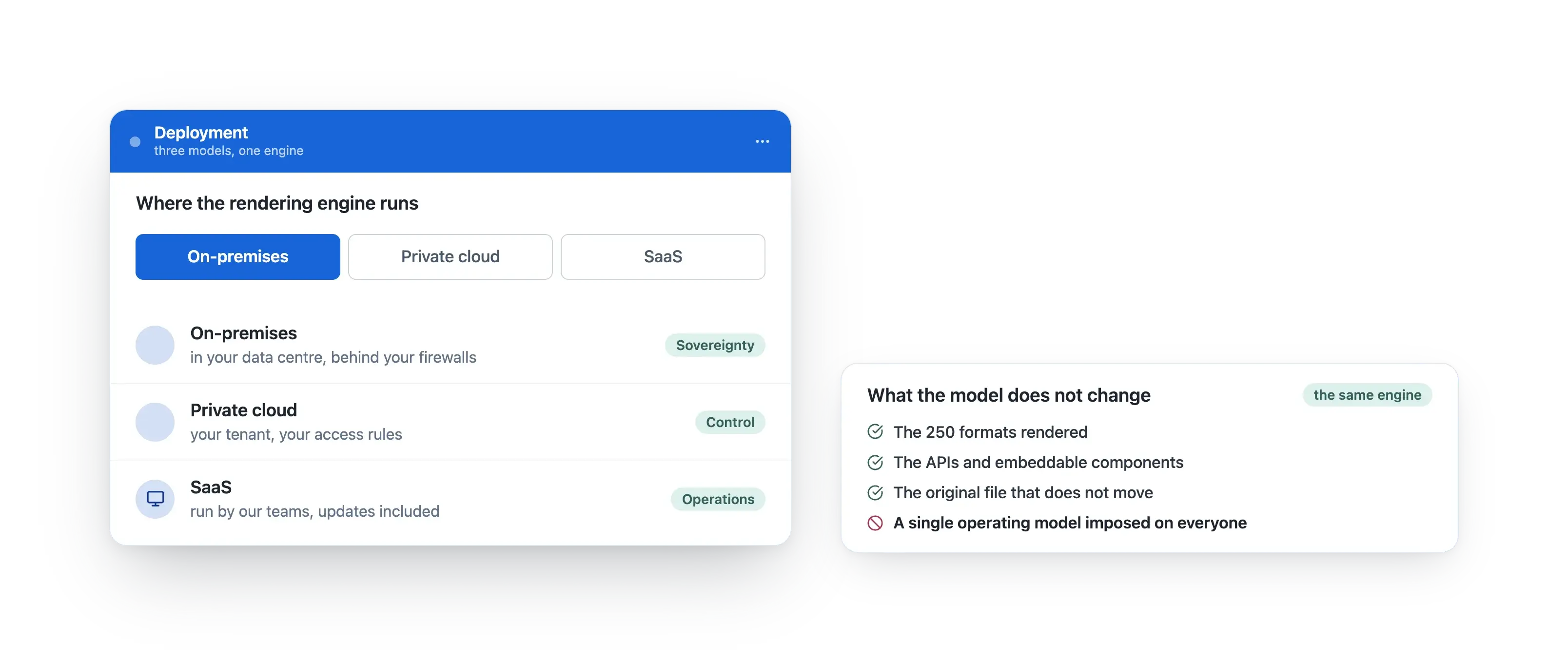 Where the rendering engine runs: on-premises behind your firewalls, in your private cloud, or as SaaS run by our teams. The model does not change: the same 250 formats, the same APIs and components, and the original file does not move.
