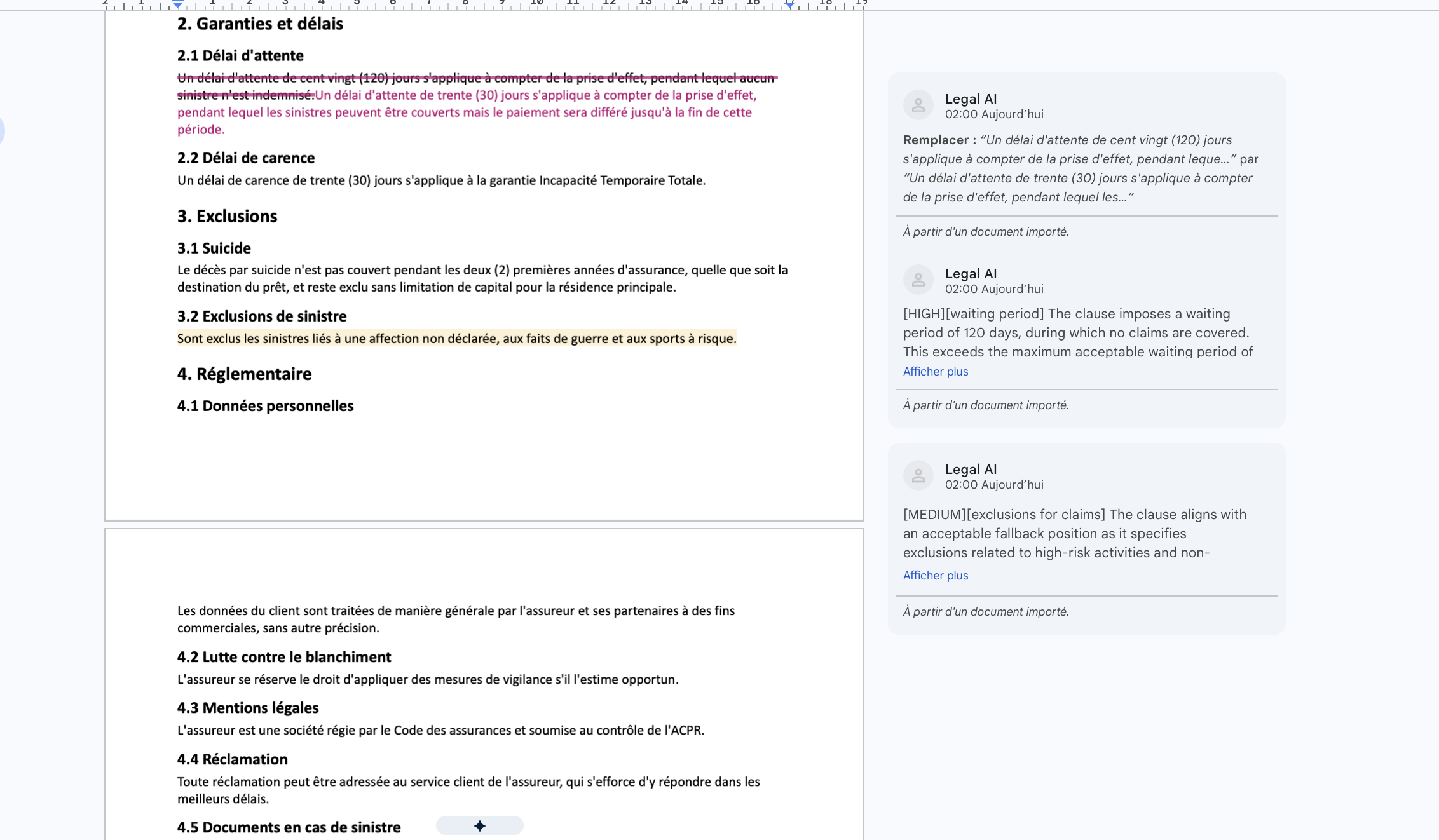 Revue juridique par IA dans un document Word : modifications suivies et commentaires signalant les clauses déviantes.
