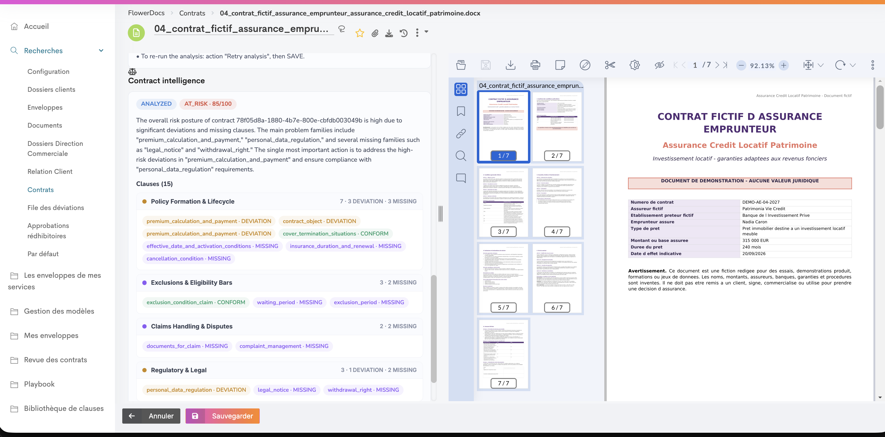 Vue contract intelligence dans FlowerDocs : analyse clause par clause avec déviations, clauses manquantes et score de risque global sur le dossier.